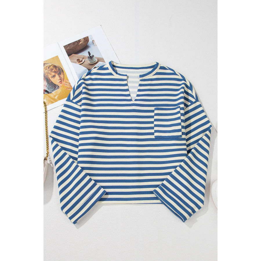 Striped Notched Long Sleeve Top Apparel and Accessories