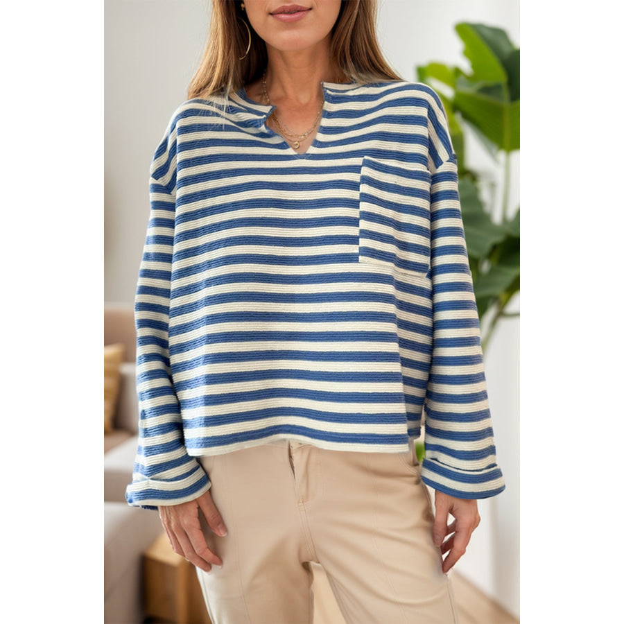 Striped Notched Long Sleeve Top Peacock Blue / S Apparel and Accessories