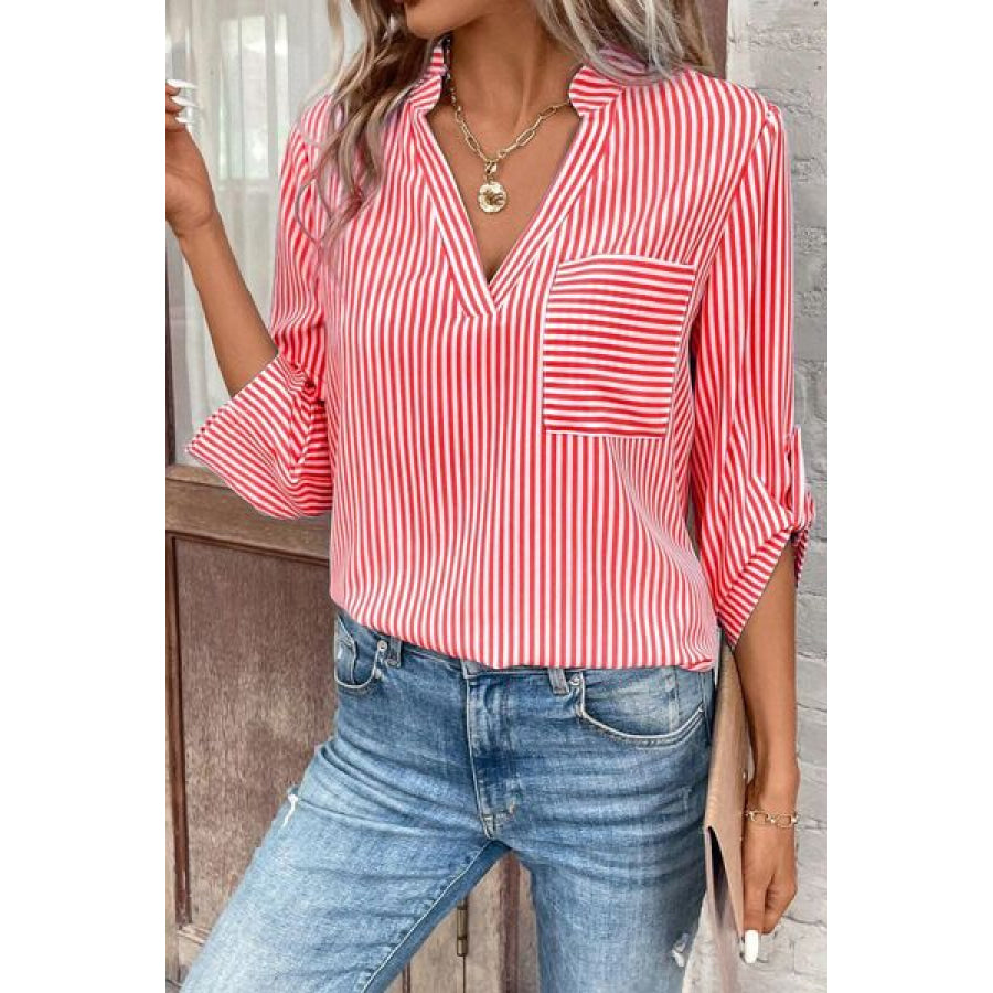 Striped Notched Roll - Tab Sleeve Shirt Apparel and Accessories