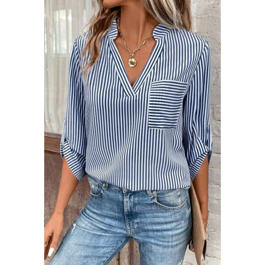 Striped Notched Roll - Tab Sleeve Shirt Apparel and Accessories