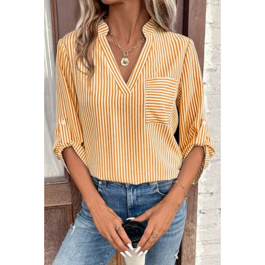 Striped Notched Roll - Tab Sleeve Shirt Apparel and Accessories