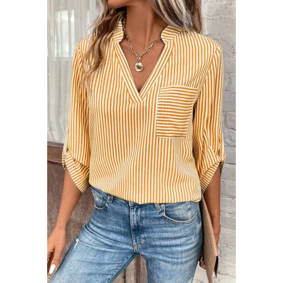 Striped Notched Roll - Tab Sleeve Shirt Apparel and Accessories