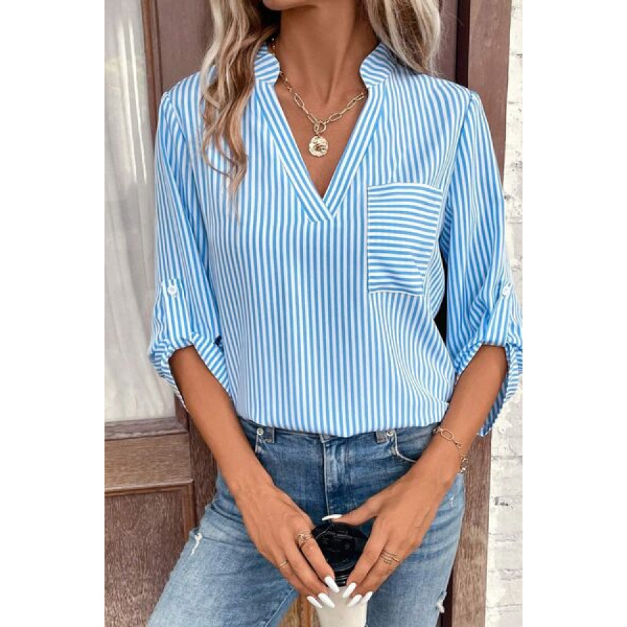 Striped Notched Roll - Tab Sleeve Shirt Apparel and Accessories