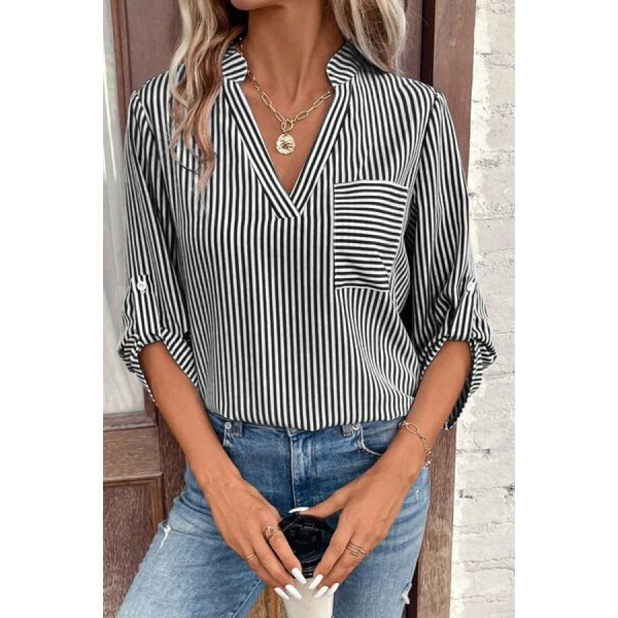 Striped Notched Roll - Tab Sleeve Shirt Apparel and Accessories