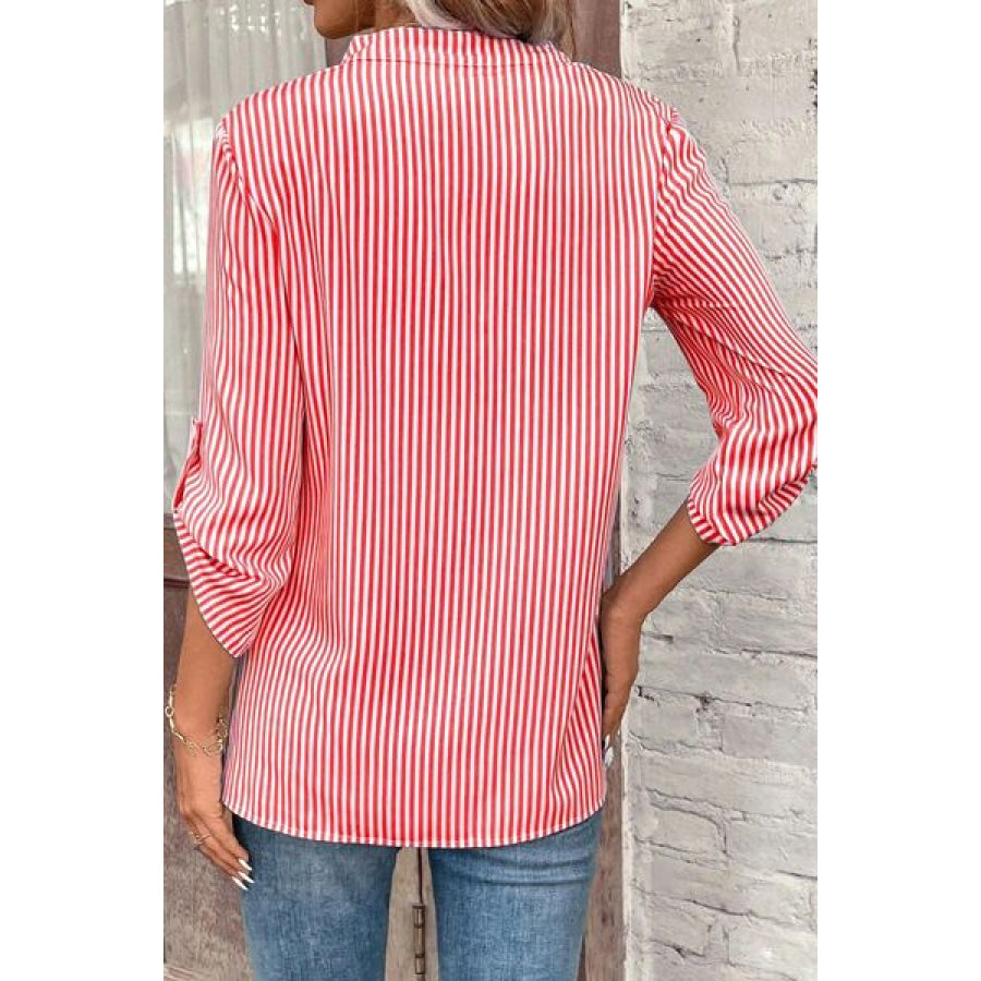 Striped Notched Roll - Tab Sleeve Shirt Apparel and Accessories