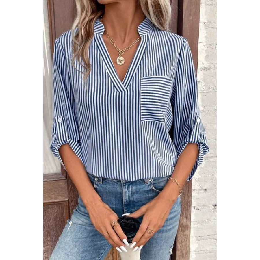 Striped Notched Roll - Tab Sleeve Shirt Apparel and Accessories