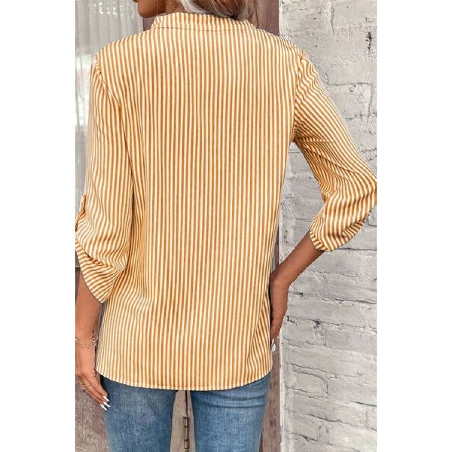 Striped Notched Roll - Tab Sleeve Shirt Apparel and Accessories