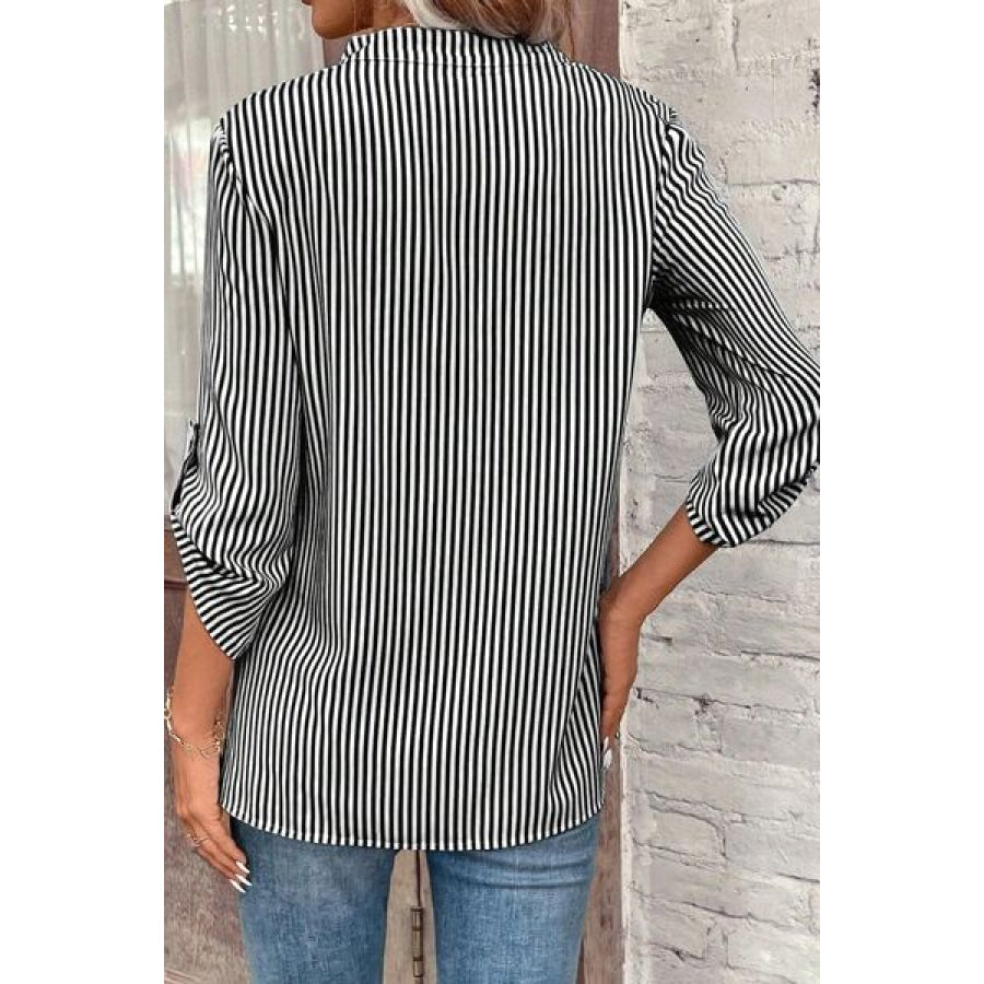 Striped Notched Roll - Tab Sleeve Shirt Apparel and Accessories