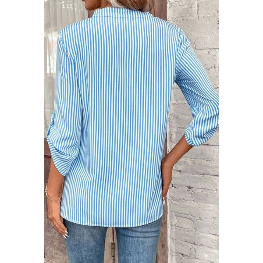 Striped Notched Roll - Tab Sleeve Shirt Apparel and Accessories