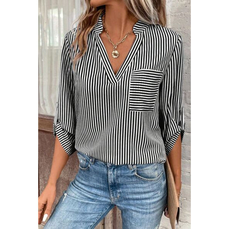 Striped Notched Roll - Tab Sleeve Shirt Apparel and Accessories