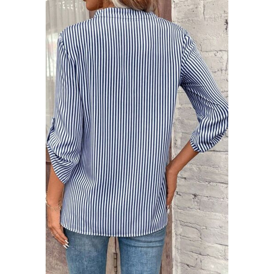 Striped Notched Roll - Tab Sleeve Shirt Apparel and Accessories