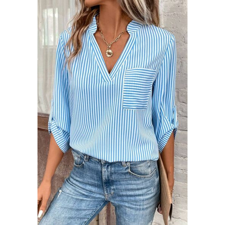 Striped Notched Roll - Tab Sleeve Shirt Apparel and Accessories