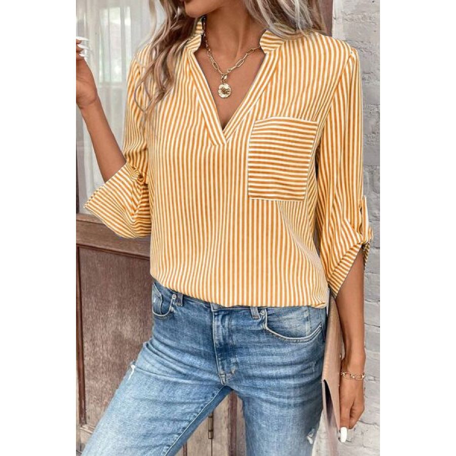 Striped Notched Roll - Tab Sleeve Shirt Mustard / S Apparel and Accessories