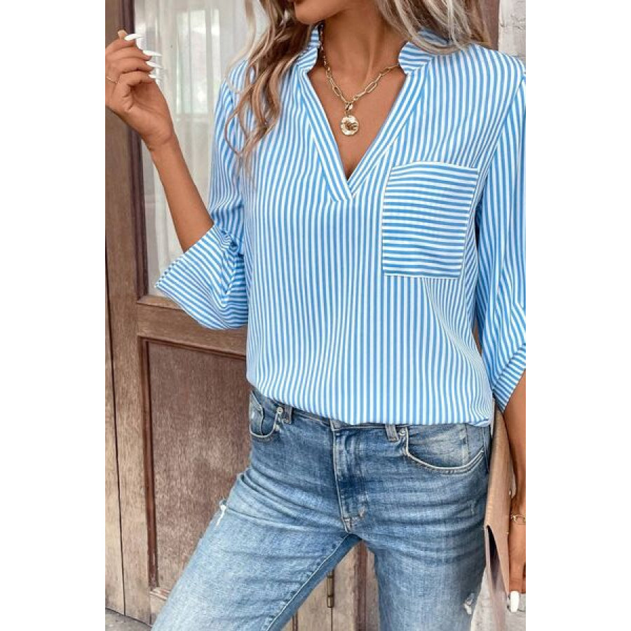 Striped Notched Roll - Tab Sleeve Shirt Pastel Blue / S Apparel and Accessories