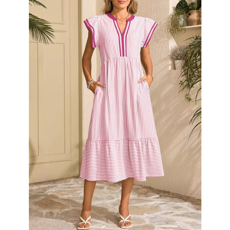 Striped Notched Ruffle Sleeve Dress Apparel and Accessories