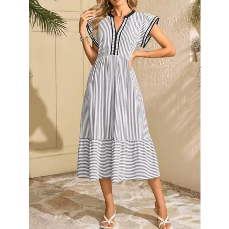 Striped Notched Ruffle Sleeve Dress Apparel and Accessories