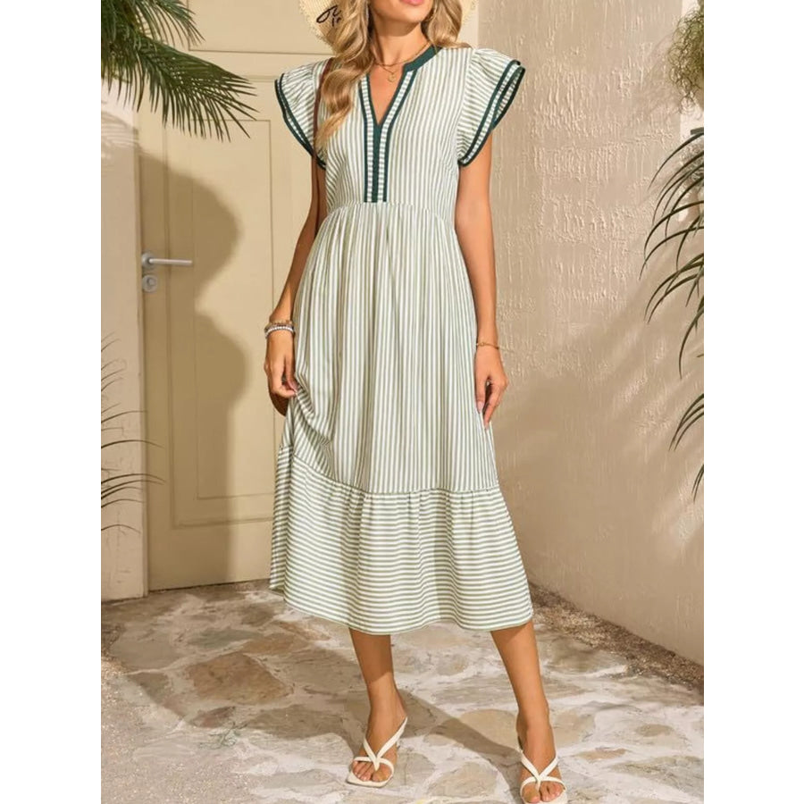Striped Notched Ruffle Sleeve Dress Apparel and Accessories