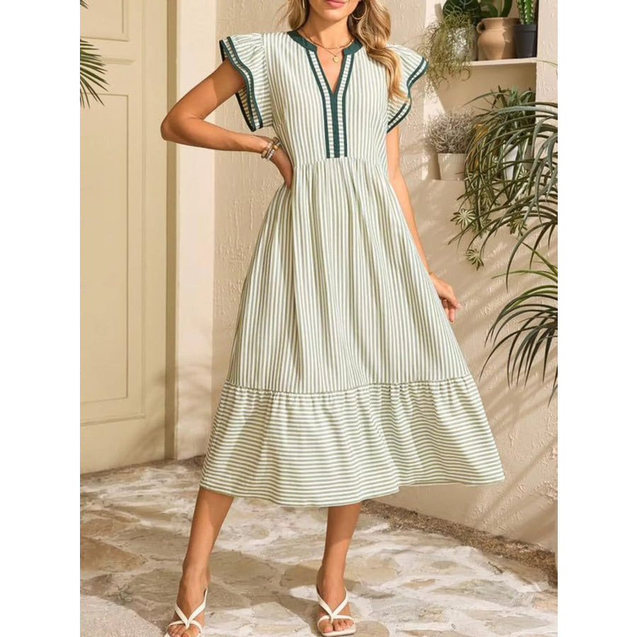 Striped Notched Ruffle Sleeve Dress Apparel and Accessories