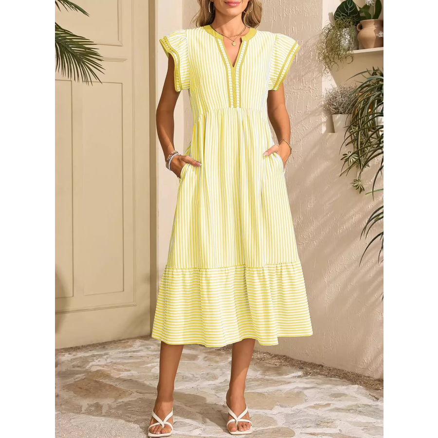 Striped Notched Ruffle Sleeve Dress Apparel and Accessories