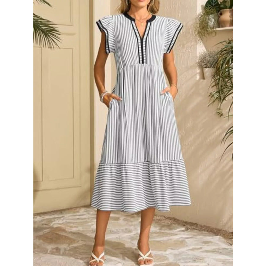 Striped Notched Ruffle Sleeve Dress Apparel and Accessories