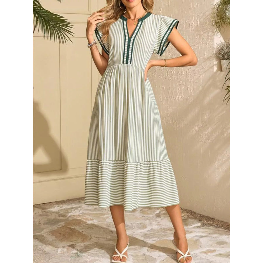 Striped Notched Ruffle Sleeve Dress Green / S Apparel and Accessories
