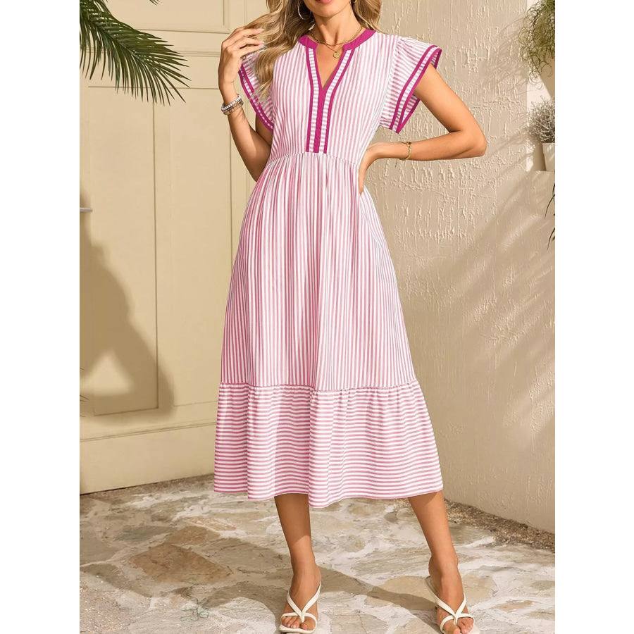 Striped Notched Ruffle Sleeve Dress Pink / S Apparel and Accessories