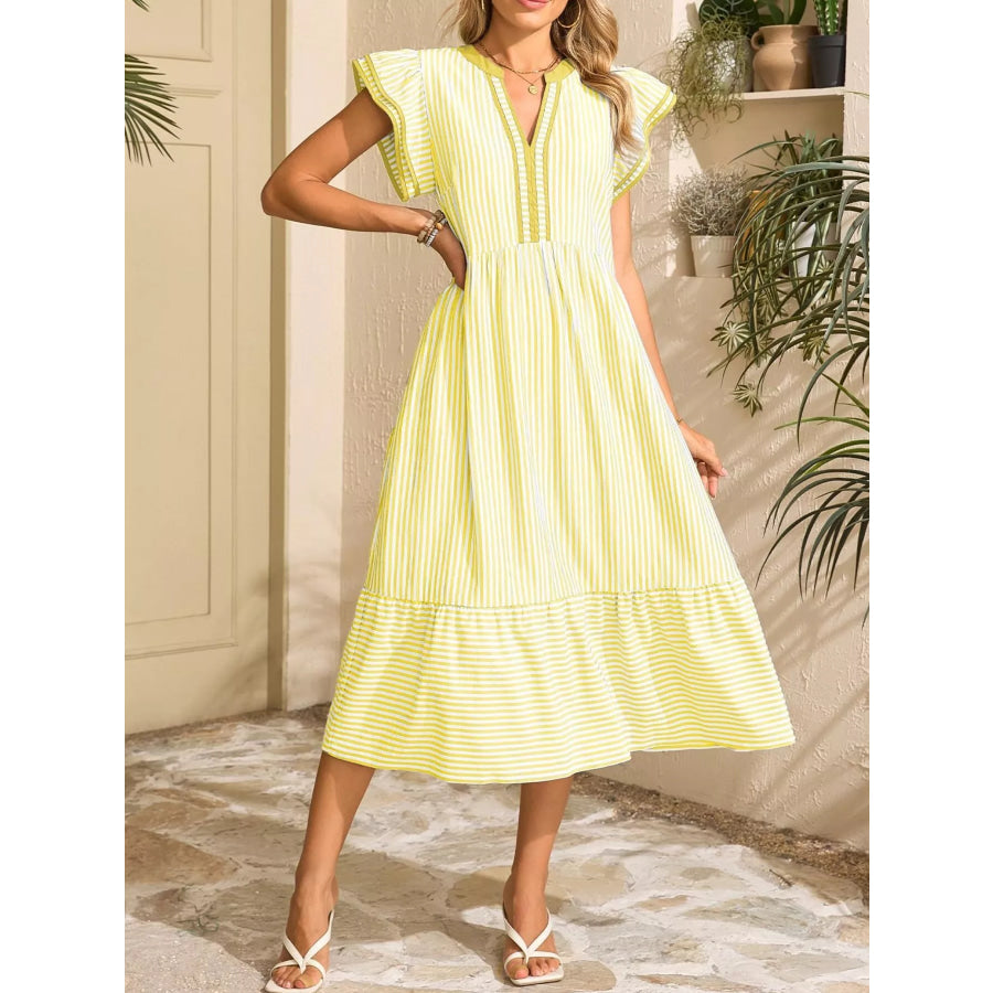 Striped Notched Ruffle Sleeve Dress Yellow / S Apparel and Accessories
