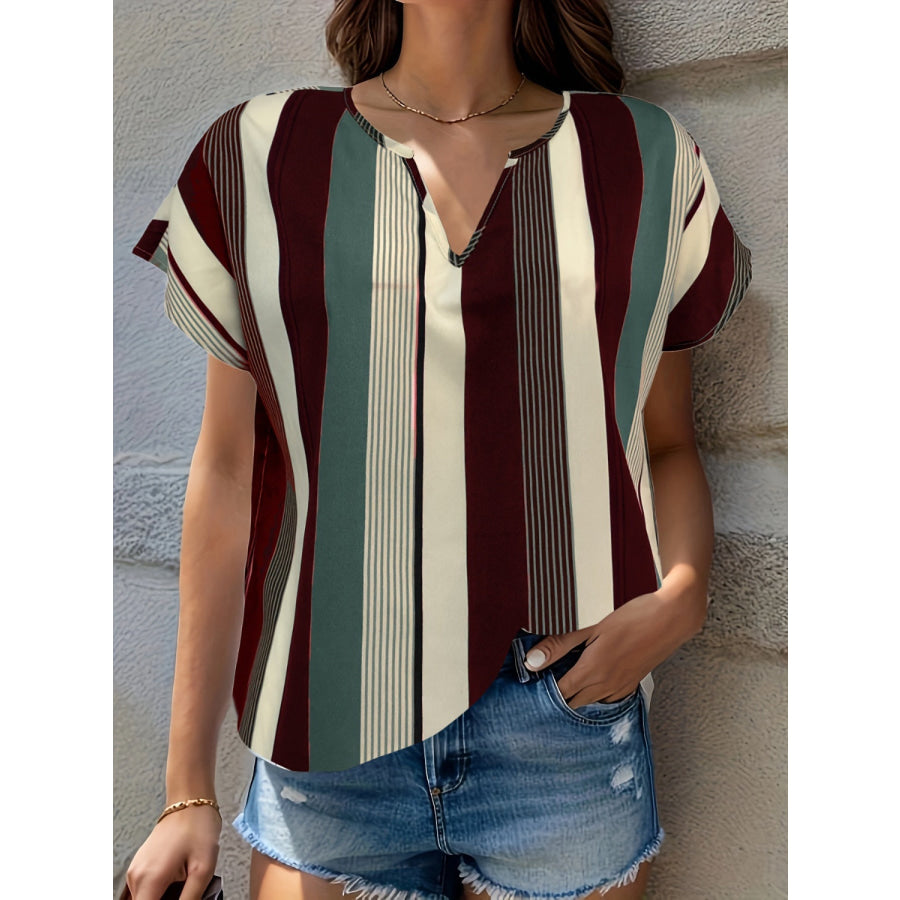 Striped Notched Short Sleeve Blouse Air Force Blue / S Apparel and Accessories