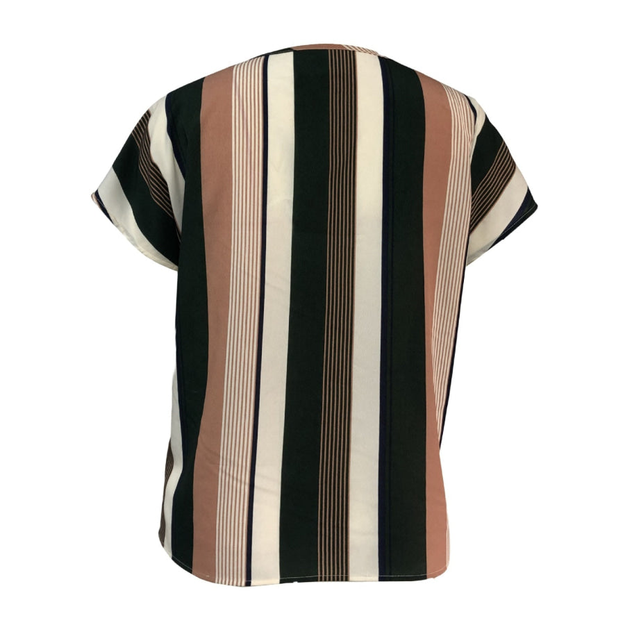 Striped Notched Short Sleeve Blouse Apparel and Accessories