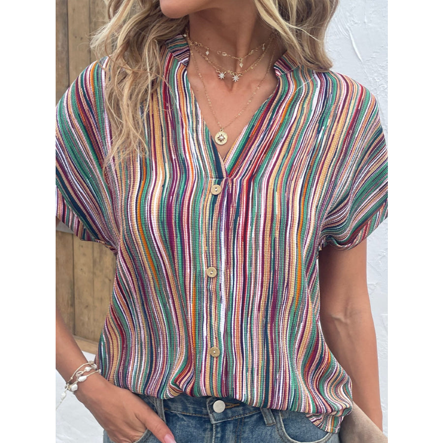 Striped Notched Short Sleeve Blouse Apparel and Accessories