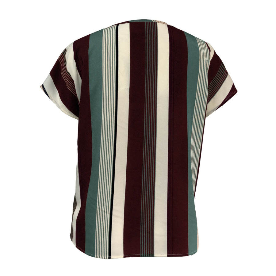 Striped Notched Short Sleeve Blouse Apparel and Accessories