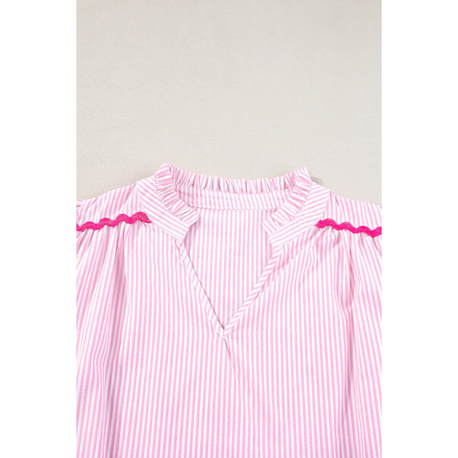 Striped Notched Short Sleeve Blouse Apparel and Accessories