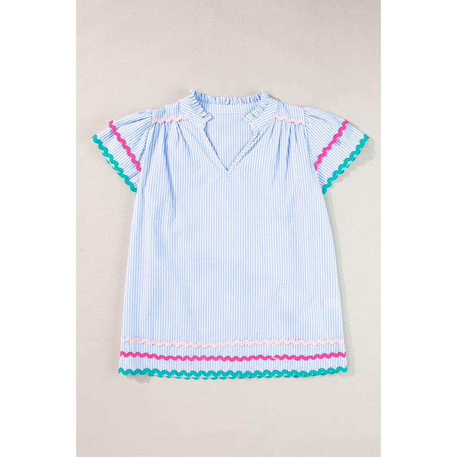 Striped Notched Short Sleeve Blouse Apparel and Accessories