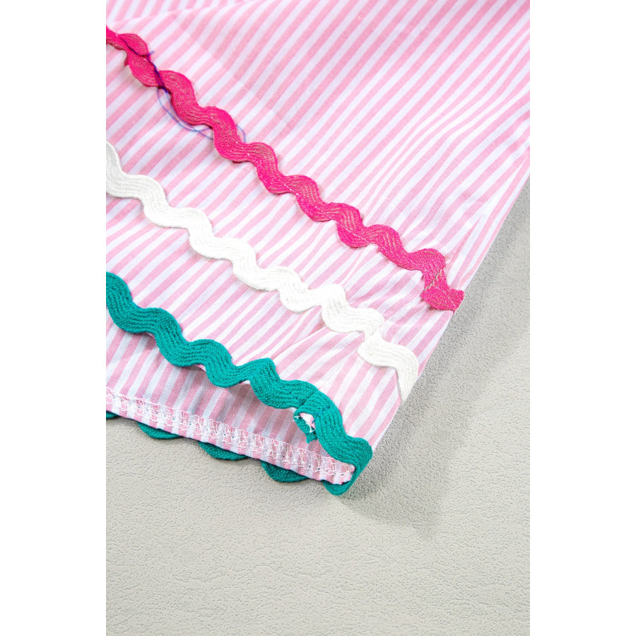 Striped Notched Short Sleeve Blouse Apparel and Accessories