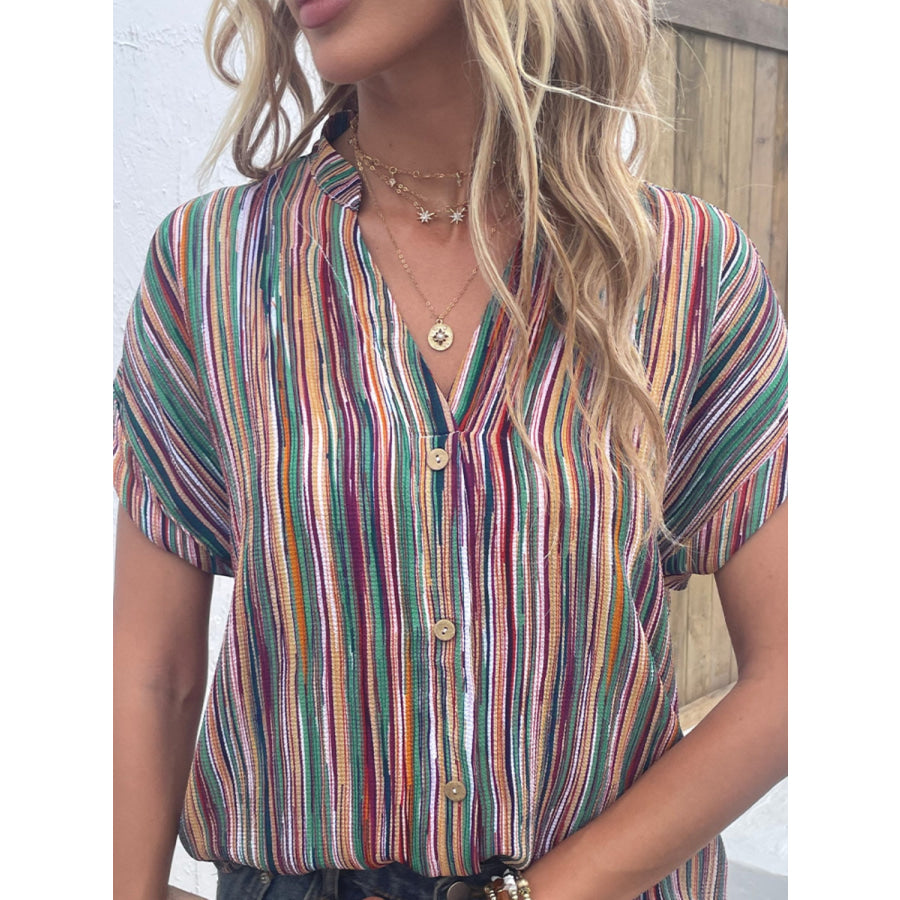 Striped Notched Short Sleeve Blouse Apparel and Accessories