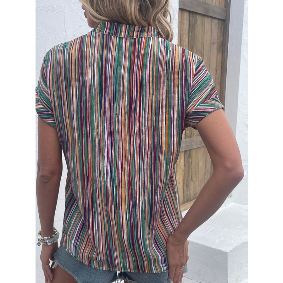 Striped Notched Short Sleeve Blouse Apparel and Accessories