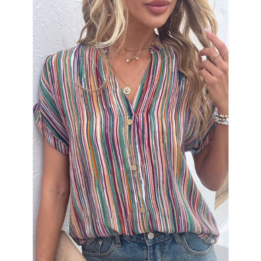 Striped Notched Short Sleeve Blouse Apparel and Accessories