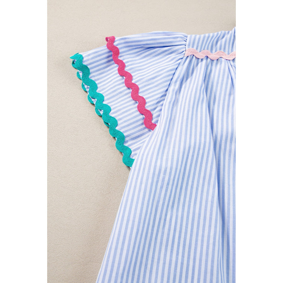 Striped Notched Short Sleeve Blouse Apparel and Accessories