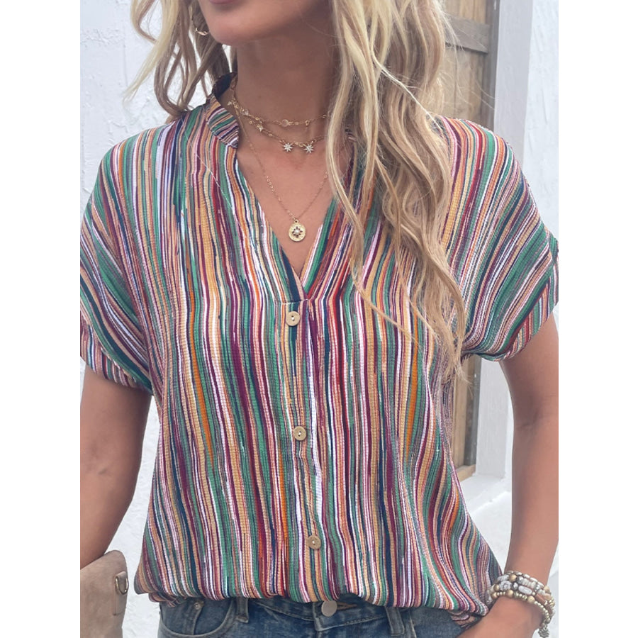 Striped Notched Short Sleeve Blouse Apparel and Accessories