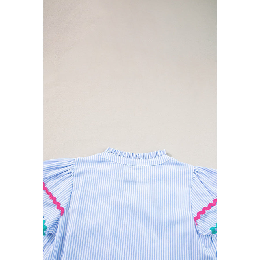 Striped Notched Short Sleeve Blouse Apparel and Accessories