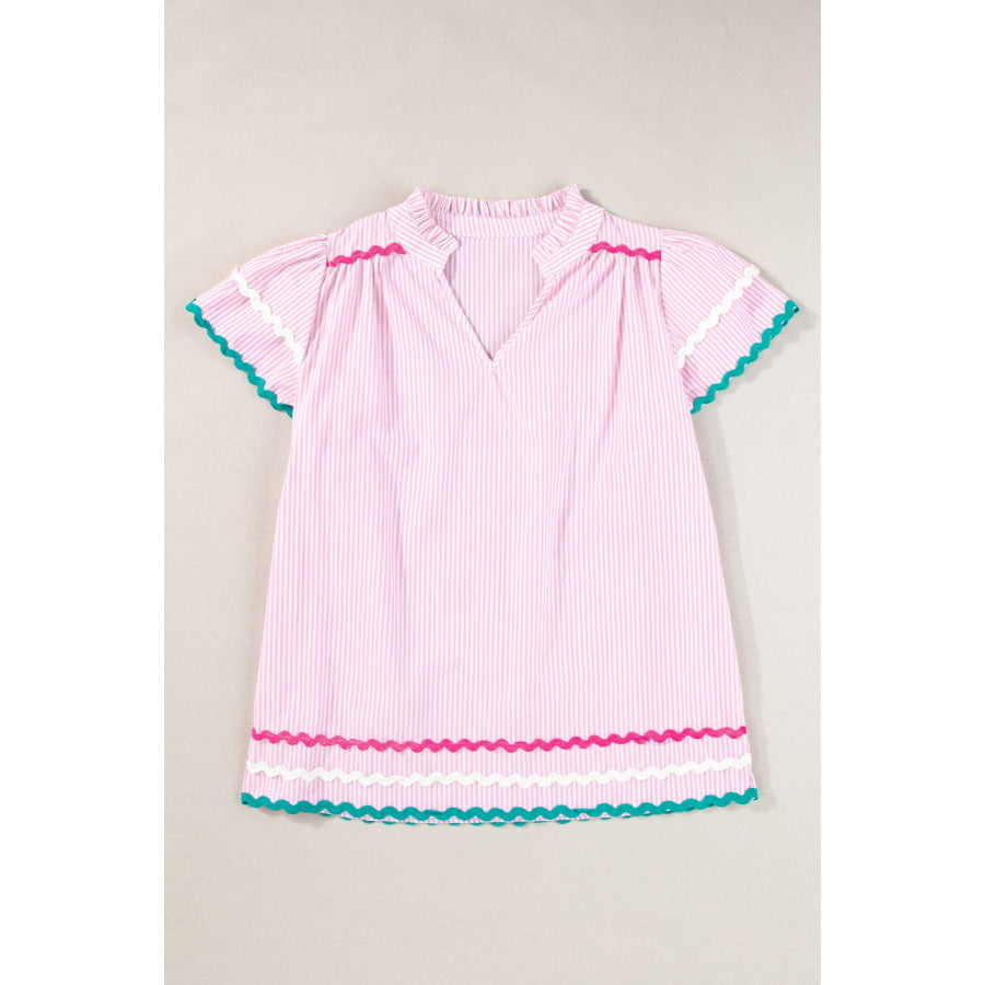 Striped Notched Short Sleeve Blouse Blush Pink / S Apparel and Accessories