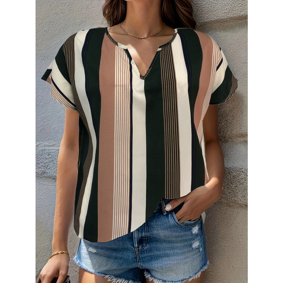 Striped Notched Short Sleeve Blouse Camel / S Apparel and Accessories