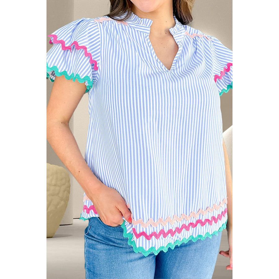 Striped Notched Short Sleeve Blouse Light Blue / S Apparel and Accessories