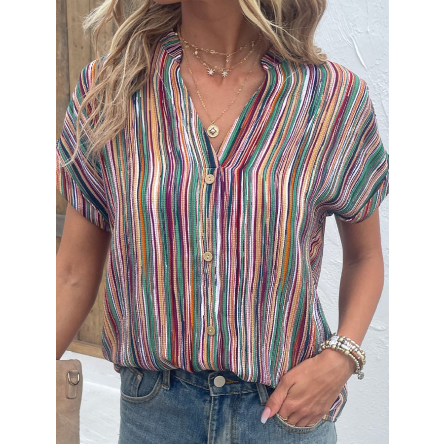 Striped Notched Short Sleeve Blouse Multicolor / S Apparel and Accessories