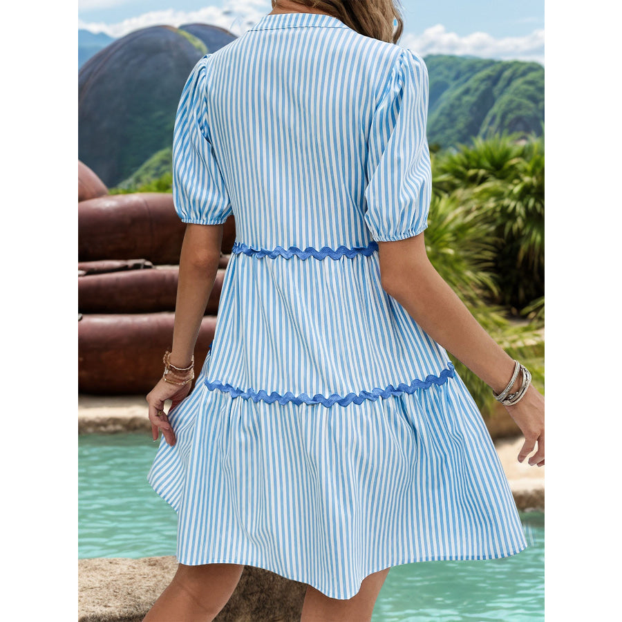 Striped Notched Short Sleeve Mini Dress Light Blue / S Apparel and Accessories