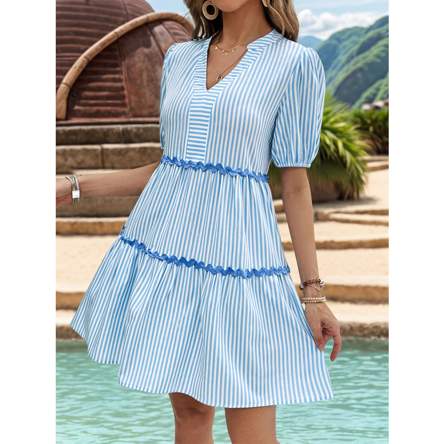 Striped Notched Short Sleeve Mini Dress Light Blue / S Apparel and Accessories