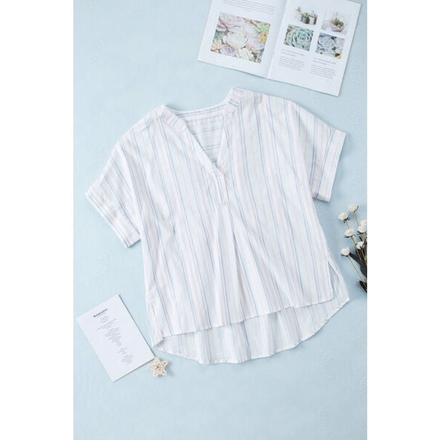 Striped Notched Short Sleeve T-Shirt Apparel and Accessories