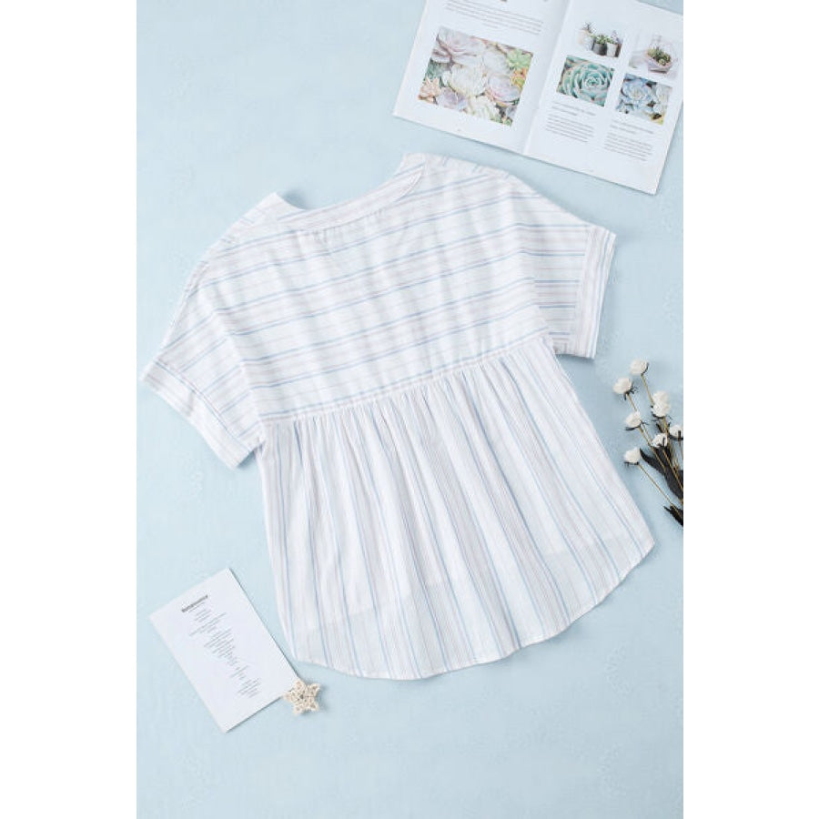 Striped Notched Short Sleeve T-Shirt Apparel and Accessories