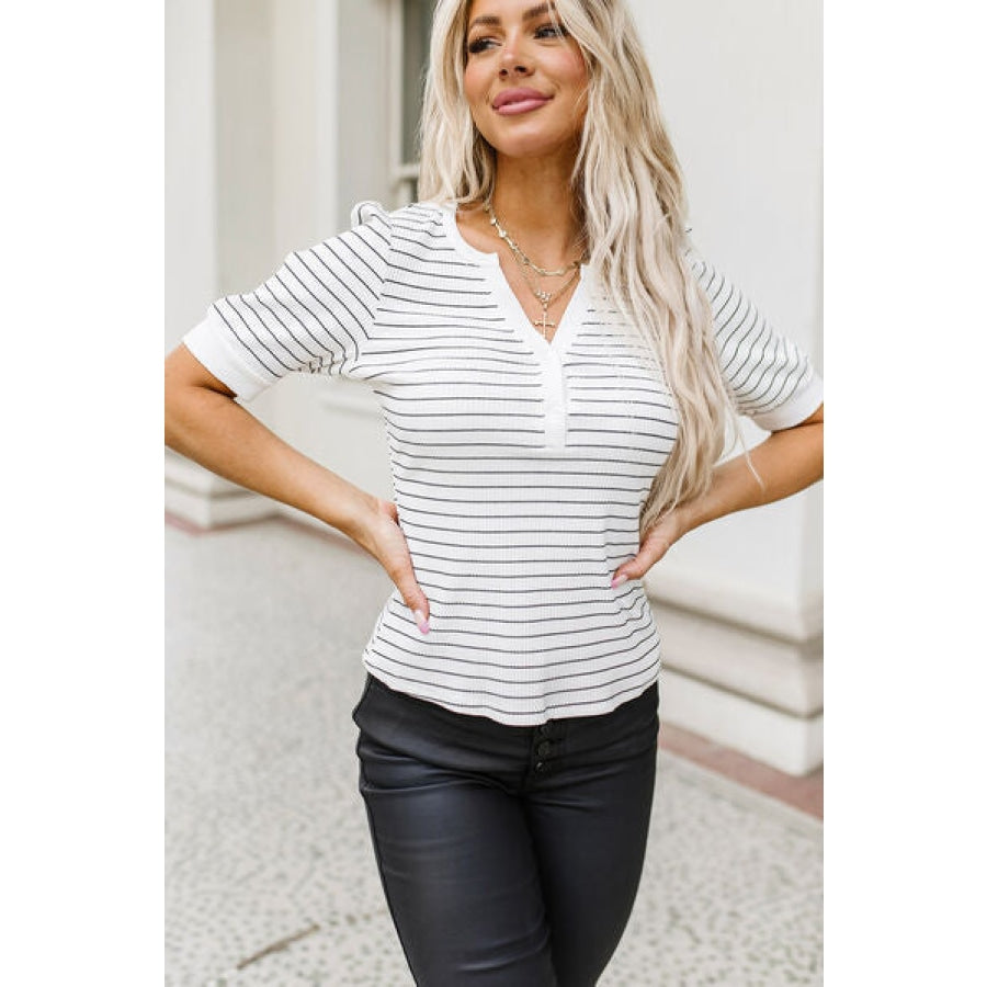 Striped Notched Short Sleeve T-Shirt Apparel and Accessories