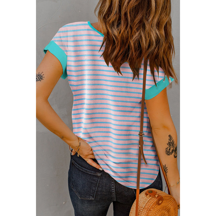 Striped Notched Short Sleeve T-Shirt Apparel and Accessories